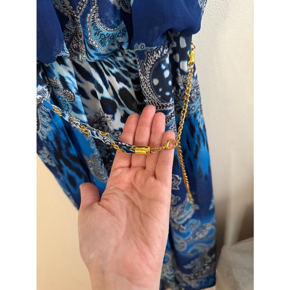 Women's Thalia Sodi Maxi Dress Size S Blue Gold Chain Halter - Picture 5 of 13
